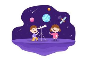 illustration de dessin animé d'astronomie avec des enfants mignons regardant le ciel étoilé de nuit, la galaxie et les planètes dans l'espace à travers le télescope dans un style plat dessiné à la main vecteur