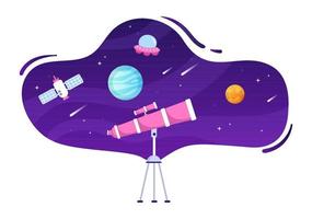 illustration de dessin animé d'astronomie avec télescope pour regarder le ciel étoilé, la galaxie et les planètes dans l'espace extra-atmosphérique dans un style plat dessiné à la main vecteur