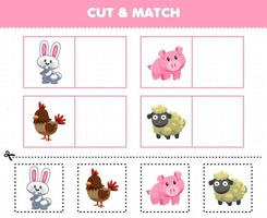 jeu éducatif pour les enfants couper et assortir la même image de dessin animé mignon animal de ferme lapin cochon poulet mouton feuille de travail imprimable vecteur