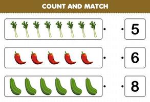 jeu éducatif pour les enfants comptez et faites correspondre comptez le nombre de légumes de dessin animé poireau piment concombre et faites correspondre avec les bons numéros feuille de calcul imprimable vecteur