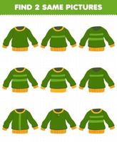 jeu éducatif pour les enfants trouver deux mêmes images dessin animé vêtements portables pull vert vecteur