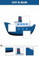 jeu éducatif pour les enfants coupez et collez des parties découpées d'un bateau de transport de dessin animé mignon et collez-les feuille de travail imprimable vecteur