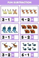 jeu éducatif pour les enfants soustraction amusante en comptant et en éliminant les images d'animaux de corne de dessin animé mignon vecteur