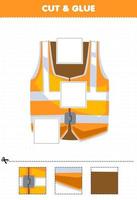 jeu éducatif pour les enfants couper et coller des parties découpées de vêtements portables de dessin animé gilet de sécurité et les coller feuille de travail imprimable vecteur