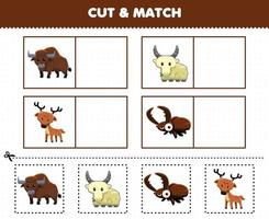 jeu éducatif pour les enfants couper et assortir la même image de dessin animé mignon corne animal bison chèvre cerf coléoptère feuille de travail imprimable vecteur