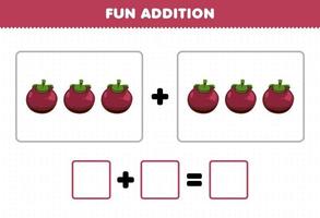 jeu éducatif pour les enfants ajout amusant en comptant la feuille de travail des images de mangoustan de fruits de dessin animé vecteur