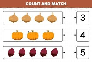 jeu éducatif pour les enfants compter et faire correspondre compter le nombre de légumes de dessin animé jicama citrouille igname et faire correspondre avec les bons chiffres feuille de calcul imprimable vecteur