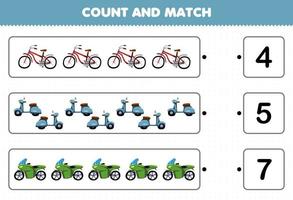 jeu éducatif pour les enfants comptez et faites correspondre comptez le nombre de dessin animé vélo transport vélo scooter moto et faites correspondre avec les bons numéros feuille de calcul imprimable vecteur