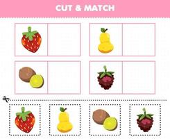 jeu éducatif pour les enfants couper et assortir la même image de dessin animé fruit fraise poire kiwi framboise feuille de travail imprimable vecteur