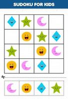 jeu éducatif pour enfants sudoku pour enfants avec dessin animé mignon forme géométrique croissant cercle losange étoile image vecteur