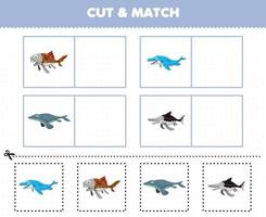 jeu éducatif pour les enfants coupez et associez la même image de dinosaure de poisson préhistorique de dessin animé mignon vecteur