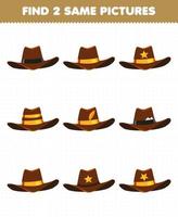 jeu d'éducation pour les enfants trouver deux mêmes images dessin animé vêtements portables chapeau de cowboy vecteur
