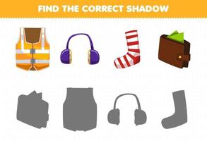 jeu d'éducation pour les enfants trouver l'ombre correcte ensemble de vêtements portables de dessin animé gilet d'urgence casque chaussettes portefeuille vecteur
