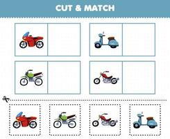 jeu éducatif pour les enfants couper et assortir la même image de dessin animé mignon transport à moteur motocross moto scooter moto feuille de travail imprimable vecteur