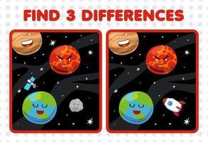 jeu d'éducation pour les enfants trouver trois différences entre deux dessin animé mignon système solaire terre mars jupiter planète lune fusée satellite
