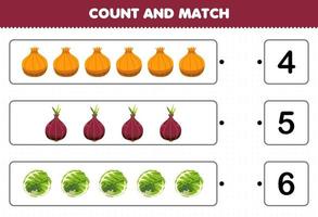 jeu éducatif pour les enfants compter et faire correspondre compter le nombre de légumes de dessin animé oignon échalote chou et faire correspondre avec les bons chiffres feuille de calcul imprimable vecteur