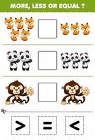 jeu éducatif pour les enfants plus moins ou égal comptez la quantité de dessin animé mignon jungle animal renard panda singe puis coupez et collez coupez le bon signe vecteur