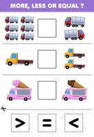 jeu éducatif pour les enfants plus moins ou égal comptez la quantité de transport par camion de dessin animé puis coupez et collez le bon signe vecteur