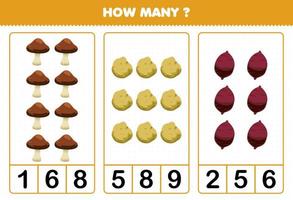 jeu éducatif pour les enfants comptant combien de légumes de dessin animé champignon pomme de terre igname vecteur