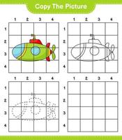 copiez l'image, copiez l'image du sous-marin en utilisant les lignes de la grille. jeu éducatif pour enfants, feuille de calcul imprimable, illustration vectorielle vecteur