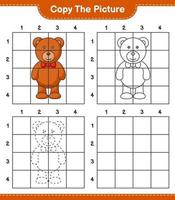 copiez l'image, copiez l'image de l'ours en peluche en utilisant les lignes de la grille. jeu éducatif pour enfants, feuille de calcul imprimable, illustration vectorielle vecteur