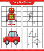 copiez l'image, copiez l'image du personnage du robot et de la voiture en utilisant les lignes de la grille. jeu éducatif pour enfants, feuille de calcul imprimable, illustration vectorielle vecteur