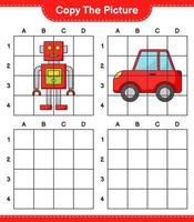 copiez l'image, copiez l'image du personnage du robot et de la voiture en utilisant les lignes de la grille. jeu éducatif pour enfants, feuille de calcul imprimable, illustration vectorielle vecteur