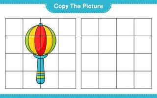 copiez l'image, copiez l'image du hochet de bébé en utilisant des lignes de grille. jeu éducatif pour enfants, feuille de calcul imprimable, illustration vectorielle vecteur