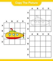 copiez l'image, copiez l'image du sous-marin en utilisant les lignes de la grille. jeu éducatif pour enfants, feuille de calcul imprimable, illustration vectorielle vecteur