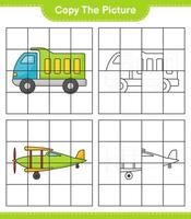 copiez l'image, copiez l'image du camion et de l'avion en utilisant les lignes de la grille. jeu éducatif pour enfants, feuille de calcul imprimable, illustration vectorielle vecteur