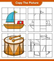 copiez l'image, copiez l'image du bateau et du tambour en utilisant les lignes de la grille. jeu éducatif pour enfants, feuille de calcul imprimable, illustration vectorielle vecteur