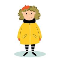 illustration que les filles portent un imperméable jaune pendant la saison des pluies. fille habillée à la française. vecteur plat dessiné à la main