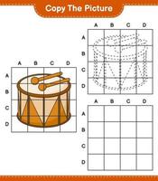 copiez l'image, copiez l'image du tambour en utilisant les lignes de la grille. jeu éducatif pour enfants, feuille de calcul imprimable, illustration vectorielle vecteur