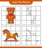 copiez l'image, copiez l'image de l'ours en peluche et du cheval à bascule en utilisant les lignes de la grille. jeu éducatif pour enfants, feuille de calcul imprimable, illustration vectorielle vecteur