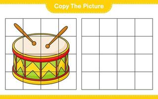 copiez l'image, copiez l'image du tambour en utilisant les lignes de la grille. jeu éducatif pour enfants, feuille de calcul imprimable, illustration vectorielle vecteur