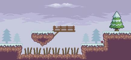 scène de jeu pixel art dans la neige avec plate-forme flottante, pont, pins, nuages et arrière-plan 8 bits vecteur