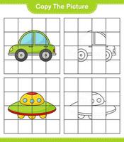 copiez l'image, copiez l'image de la voiture et de l'ovni en utilisant les lignes de la grille. jeu éducatif pour enfants, feuille de calcul imprimable, illustration vectorielle vecteur