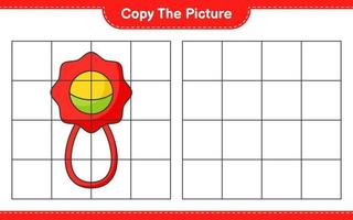 copiez l'image, copiez l'image du hochet de bébé en utilisant des lignes de grille. jeu éducatif pour enfants, feuille de calcul imprimable, illustration vectorielle vecteur