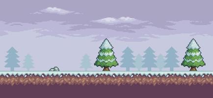scène de jeu pixel art dans la neige avec des pins, des nuages et un fond de pierre 8 bits vecteur