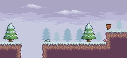 scène de jeu pixel art dans la neige avec des pins, une planche et des nuages fond vectoriel 8 bits