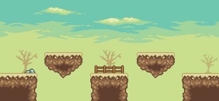 scène de jeu pixel art désert avec île flottante, palmier, cactus, arrière-plan arbre 8 bits vecteur