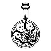 bouteille avec icône de vecteur d'oeil humain. bocal en verre avec potion de poison magique. contour noir, croquis simple isolé sur fond blanc. symbole de l'alchimie, de la sorcellerie, de l'occultisme. clipart pour le web, logo