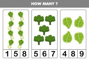 jeu éducatif pour les enfants comptant combien de légumes de dessin animé laitue épinards chou frisé vecteur
