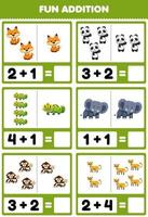 jeu d'éducation pour les enfants ajout amusant en comptant et somme dessin animé mignon animal de la jungle renard panda iguane éléphant singe guépard photos feuille de travail vecteur
