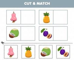 jeu éducatif pour les enfants couper et assortir la même image de dessin animé fruit cajou ananas noix de coco prune feuille de travail imprimable vecteur