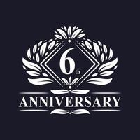 Logo anniversaire 6 ans, logo floral de luxe 6e anniversaire. vecteur