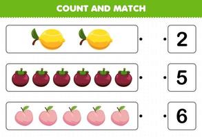 jeu éducatif pour les enfants compter et faire correspondre compter le nombre de fruits de dessin animé citron mangoustan pêche et faire correspondre avec les bons numéros feuille de calcul imprimable vecteur