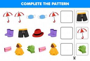 jeu éducatif pour les enfants compléter le modèle pensée logique trouver la régularité et continuer la ligne tâche avec dessin animé portable vêtements imperméable parapluie masque botte pantalon fedora portefeuille gants vecteur