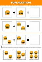 jeu éducatif pour les enfants ajout amusant par coupe et correspondance feuille de travail d'images de burger de nourriture de dessin animé vecteur