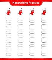 pratique de l'écriture manuscrite. tracer des lignes de chaussette de noël. jeu éducatif pour enfants, feuille de calcul imprimable, illustration vectorielle vecteur